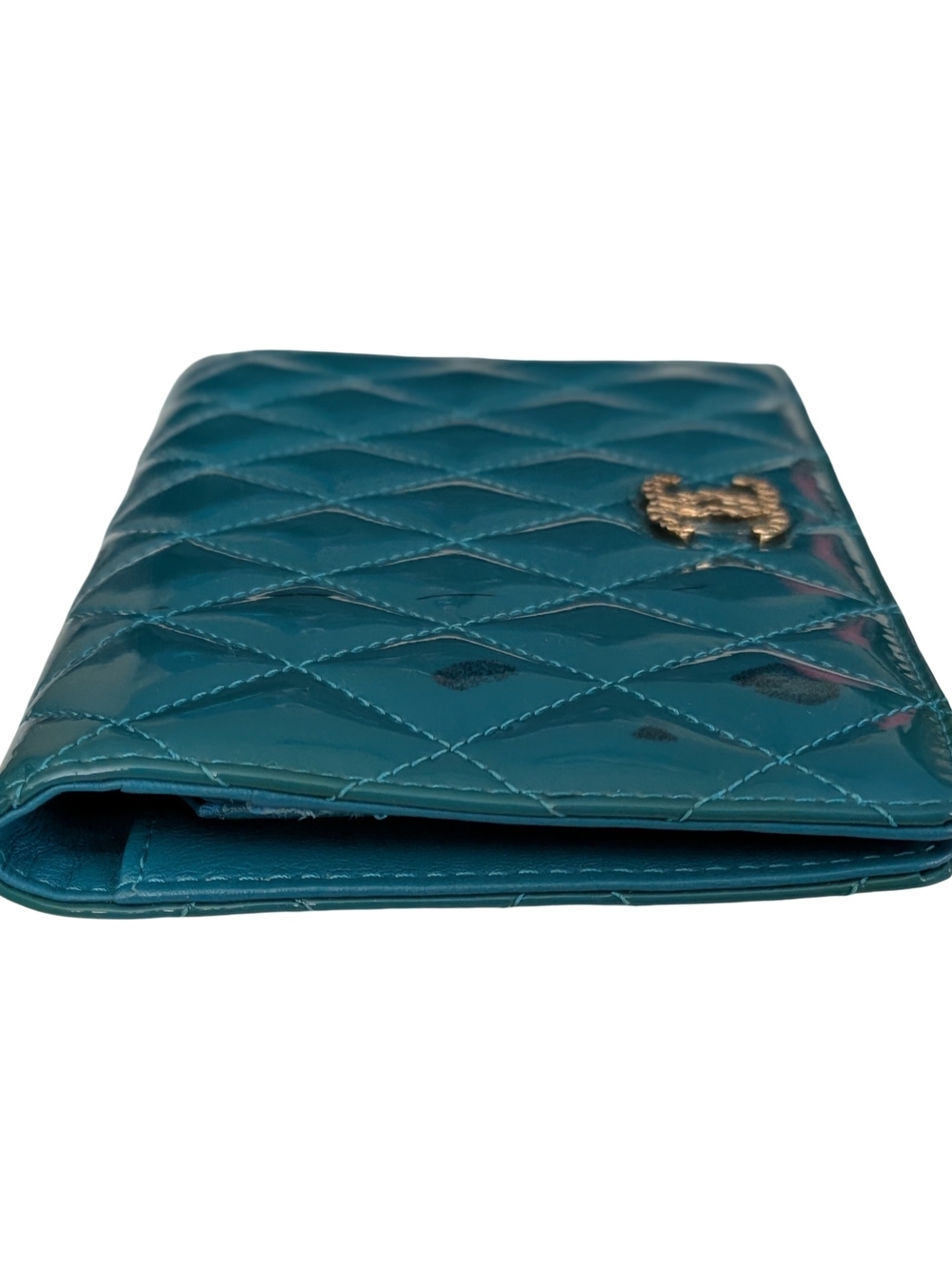 CHANEL Teal Quilted Patent Leather Clutch Silver CC Long Wallet Purse - Picture 4 of 15